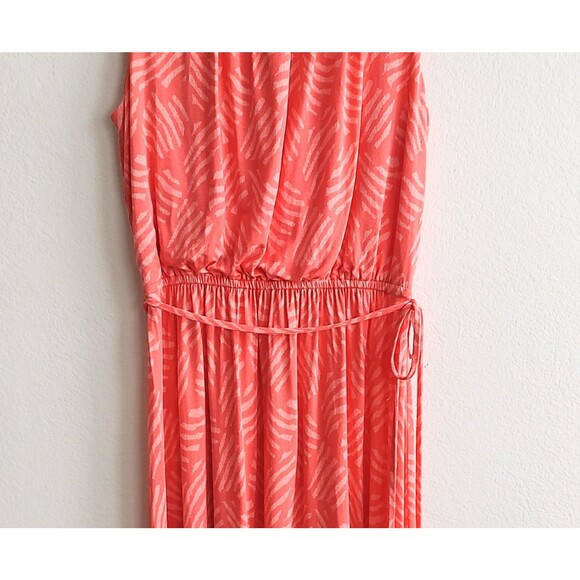 Ann Taylor Loft Dress Coral Orange Leaf Print Sleeveless Soft Stretch Tie XS - Picture 3 of 8